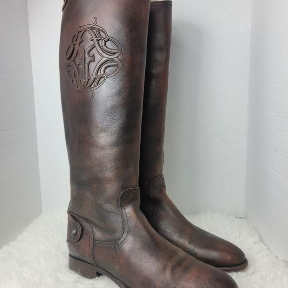 Frye Lindsay Womens Boots Size 8.5 Logo Embroidered Brown Riding Back Side Zip - Picture 1 of 11